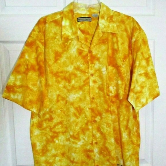 Mens Tie Dye Batik Hawaiian Shirt sz XL Bright Yellow w Blue Petroglyphs - Picture 1 of 9